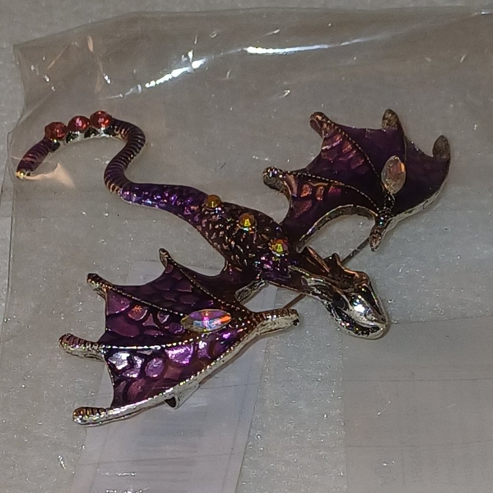 Dragon Flying Pteradactyl Pin Brooch Halloween Metallic Fashion Jewelry Purple - Picture 3 of 16
